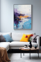 Modern living room interior with sofa, coffee table and painting on wall.