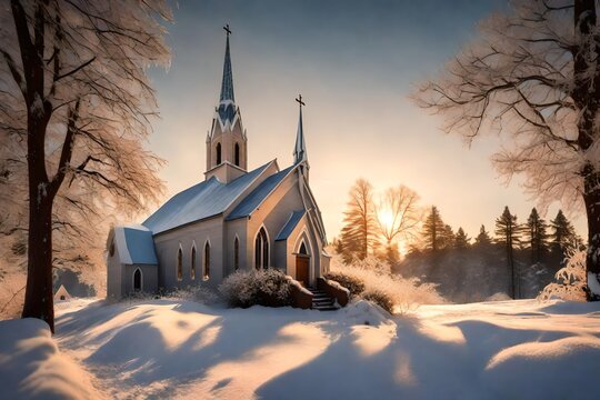 A charming snow-covered church with a tall steeple and warm light spilling from its windows.
