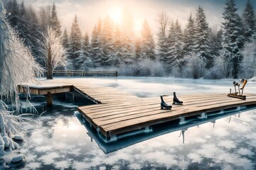 A frozen pond with a wooden skating dock and skates ready for a day of ice skating.