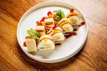 sweet sushi set on white plate