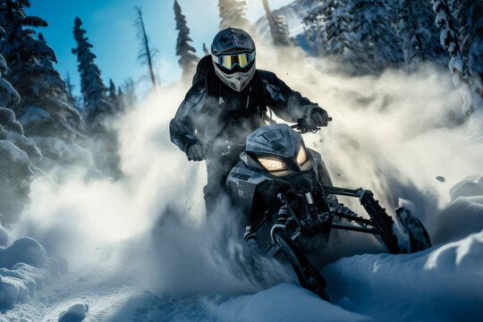 A well equipped man with helmet and snow goggles driving snowmobile in snowy forest