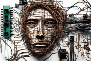 A digital illustration of a face created using wires, computer parts and electronic components. The face represents technology.