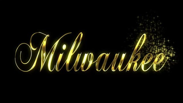 Golden text animated in a reveal with a starburst pattern for MILWAUKEE