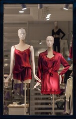 Shop vertical windows and mannequins. Fashion Store exterior. City Night Boutique. Front View from...