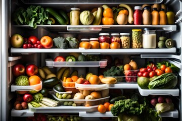 A well-stocked refrigerator filled with fruits, vegetables, and dairy products.