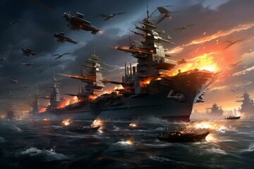 A powerful fleet with warships and fast combat planes. Generative AI