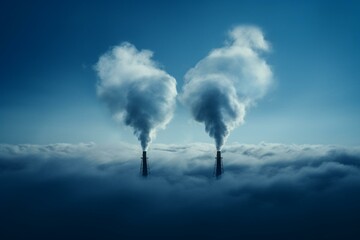 Three smoke plumes from power plant on blue. Generative AI