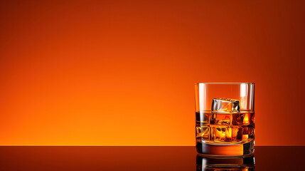 glass of whiskey on the rocks, with empty copy space on solid color background