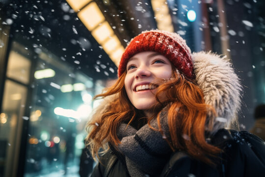Happy woman on a snowy day in winter, AI image