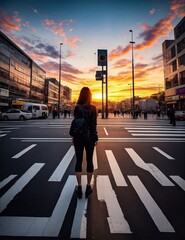a woman standing on a crosswalk in the middle of a bustling city. The sky above is filled with fluffy white clouds and the sun
