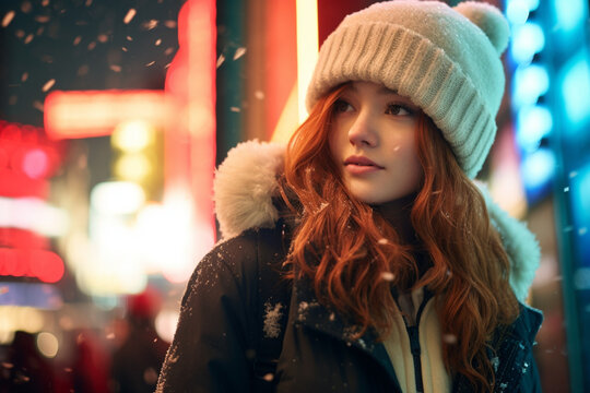 Happy woman on a snowy day in winter, AI image
Beautiful woman who is happy in winter snowing in the city