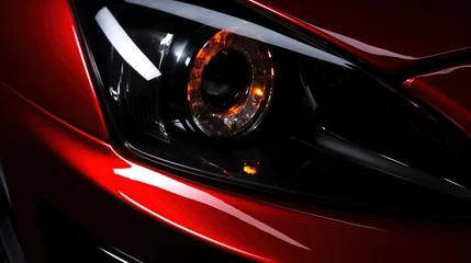 Fotobehang modern front red car headlights on black background © Beny