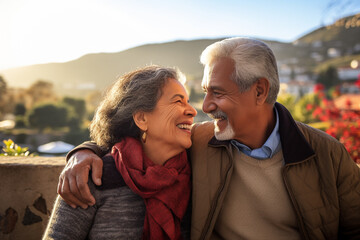 An elderly Hispanic couple enjoying outdoors, their love palpable, reflecting a Latin American immigrant's fulfilling retirement  - obrazy, fototapety, plakaty