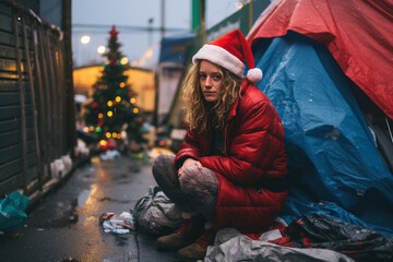 Homeless people at Christmas, concept of hopelessness, hardship and loneliness. - obrazy, fototapety, plakaty