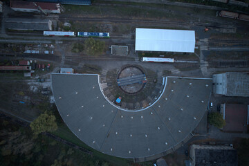 railway turntable or wheelhouse is a device for turning locomotives aerial panorama landscape view of train museum and railway station © Semi