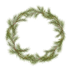 Basic Christmas wreath crafted from pine boughs. Circular frame with space for text. Evergreen for the festive tone. Template for holiday cards, invites, and more. Watercolor digital illustration