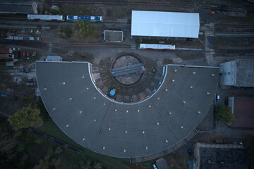 railway turntable or wheelhouse is a device for turning locomotives aerial panorama landscape view of train museum and railway station © Semi