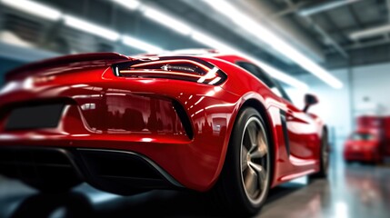 modern red sports car seen from the back side in garage - obrazy, fototapety, plakaty