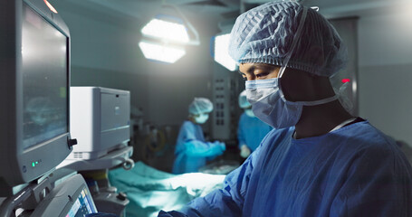 Hospital, doctor and patient monitor for surgery, operating room and setting machine. Operation,...