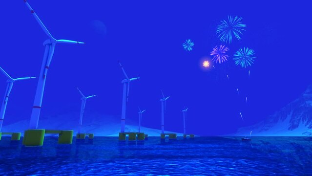 Postal navidad y a&ntilde;o nuevo plataformas de energ&iacute;a e&oacute;lica marina flotante con fuegos artificiales desde un barco remolcador