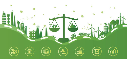 Green rights and law or environment law for better living with eco friendly and sustainable future. Green environment template with isolated icons. Modern flat infographic, vector illustration.