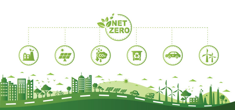 Net zero and carbon neutral concept. Net zero greenhouse gas emissions target. Climate neutral long term strategy with green net zero icon and on the world and green city with circle round.
