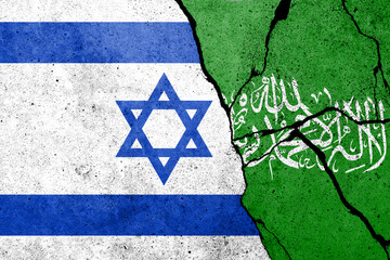 Flag of Israel and Hamas painted on the concrete wall. Gaza and Israel war. Terrorist organization Hamas