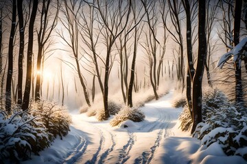 A winding path through a snow-covered forest with sunlight breaking through the trees.