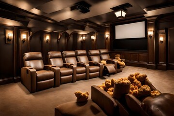 A home theater with plush recliners, a big screen, and popcorn ready for a movie night.