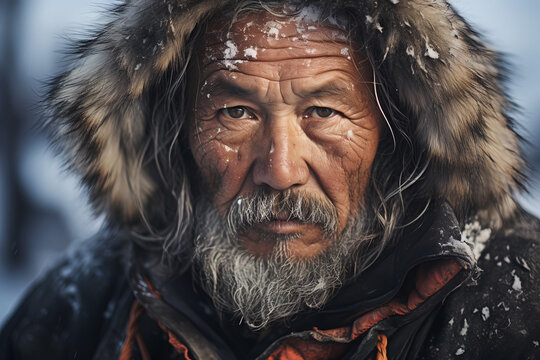 Portrait of a eskimo mature man. Generative AI