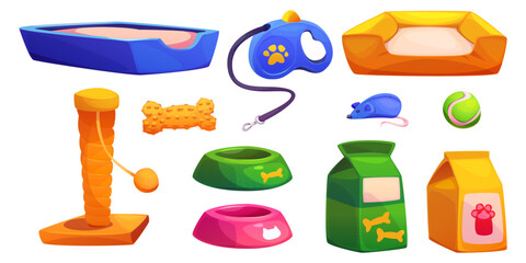 Pet shop equipment and accessories - toilet and soft bed, bags of food and bowls for feeding dogs and cats, cat scratcher and toys. Cartoon vector set of domestic animals care supplies and stuff.