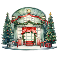 Fototapeta na wymiar Auditorium decorate for christmas season with red and green color, christmas watercolors, watercolor illustration