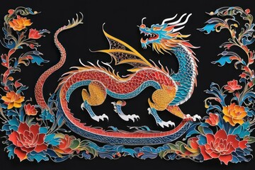 Fototapeta premium Traditional Chinese dragon paper cut on black background. Symbol of the year 2024 digital art. Generative AI