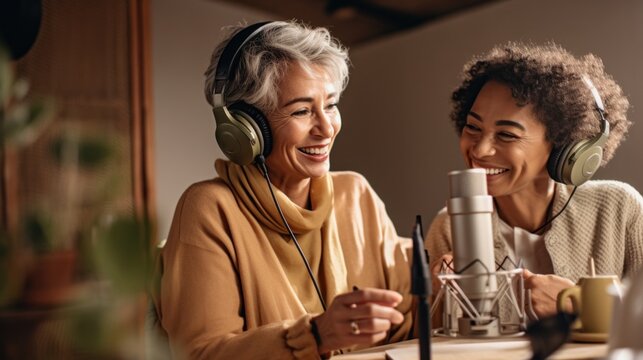 Two cultures, one podcast: senior women in headphones, speaking into microphone, creating unity through stories. - Powered by Adobe
