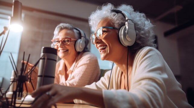 Side view portrait of two senior women, different cultures, recording lively podcast together, wearing headphones and sharing stories.