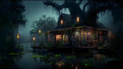 New Orleans fantasy swamp shack on the bayou gas lamps moss trees alligators in water voodoo atmosphere magic cinematic raytracing 