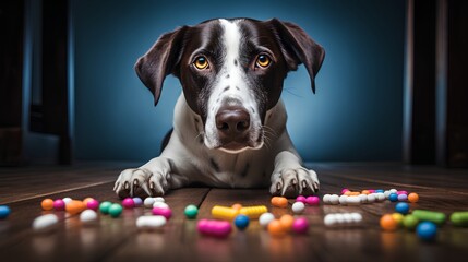 Dog antibiotics resistance and immunity to drugs concept. Medicine, pills, and capsules, symbolizing pet health and treatment. Responsible and limited antibiotic use in veterinary medicine.