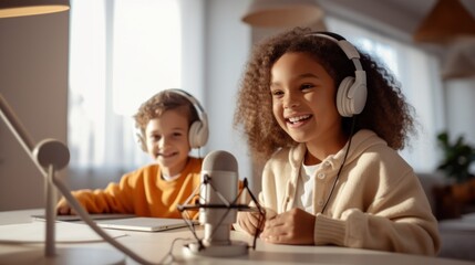 Two kids with headphones record a podcast.