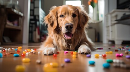 Dog antibiotics resistance and immunity to drugs concept. Medicine, pills, and capsules, symbolizing pet health and treatment. Responsible and limited antibiotic use in veterinary medicine. - obrazy, fototapety, plakaty