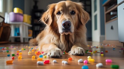 Dog antibiotics resistance and immunity to drugs concept. Medicine, pills, and capsules, symbolizing pet health and treatment. Responsible and limited antibiotic use in veterinary medicine.
