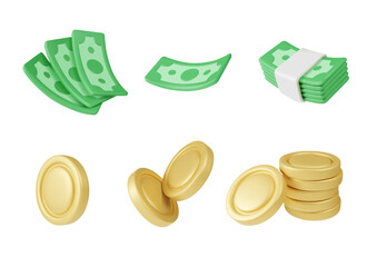 3D money icons in cartoon style. Set of vector color illustrations of bills and coins - obrazy, fototapety, plakaty