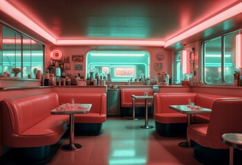 interior retro restaurant. colorful architecture loft art. Ai generate illustration. low moody...