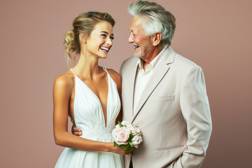 Touching scene of a younger bride and older groom exchanging vows, against plain backdrop.