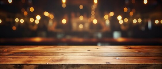 Empty wooden table. Cozy corner. Background bokeh in vintage cafe. Blurred ambiance. Coffee shop...