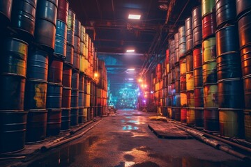 Colorful steel barrels in dark warehouse at night. Generative AI - obrazy, fototapety, plakaty