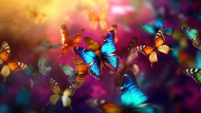 lots of butterflies with various bright colors on a natural background