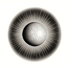 an ink draw of the sun depicted as a plain sphere illuminated from left to right dotted technique Black ink on white background 