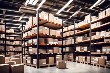 A well-organized inventory warehouse with neatly stacked boxes and shelves - obrazy, fototapety, plakaty
