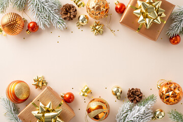 Season's Greetings: Overhead shot of holiday gift boxes, opulent gold and orange ornaments, pinecones, sequins, frost-kissed fir branches on a pastel beige surface, ready for your personalization