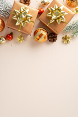 Celebrate Season: Overhead vertical shot of gift boxes with star bows, luxurious gold and orange ornaments, pinecones, frost-dusted fir twigs against pastel beige backdrop, ready for greeting or promo